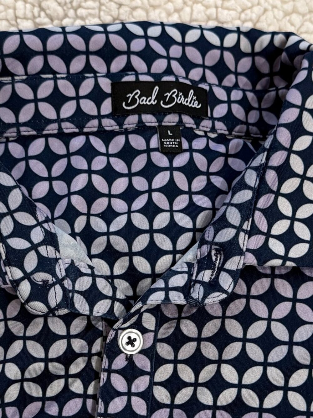 Bad Birdie Men's Golf Polo, Navy Geometric Print, Size L — EUC!